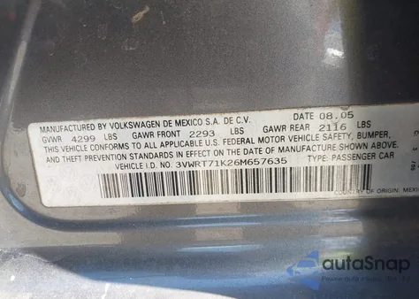 2006 Volkswagen Jetta Tdi z USA, uszkodzony, nr VIN 3VWRT71K26M657635